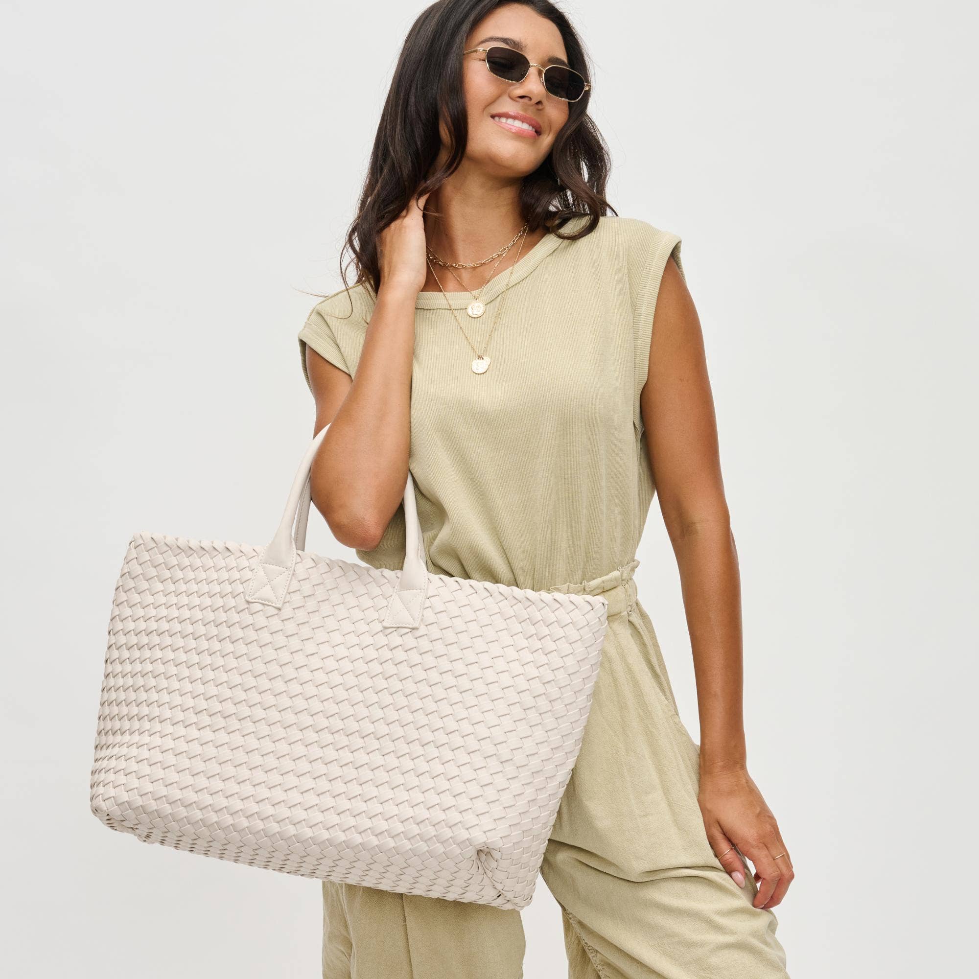 Ithaca Woven Vegan Leather Tote: Oatmilk