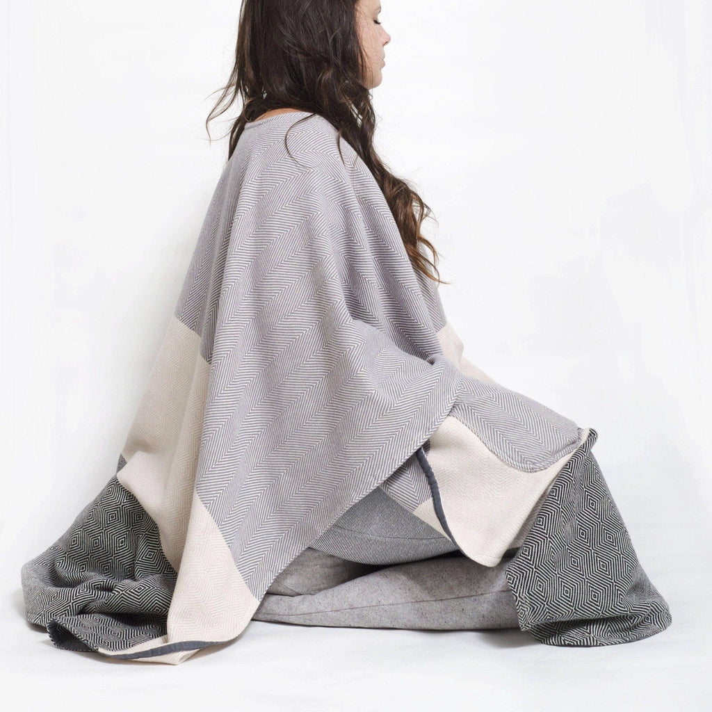 Meditation Blanket / Shawl - Grey Cream Charcoal Stripe